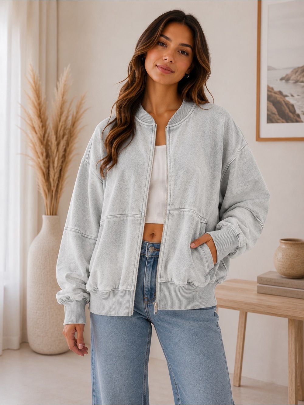 807. Women's Light Gray Sleet Acid Washed Fleece Jacket Front Zip